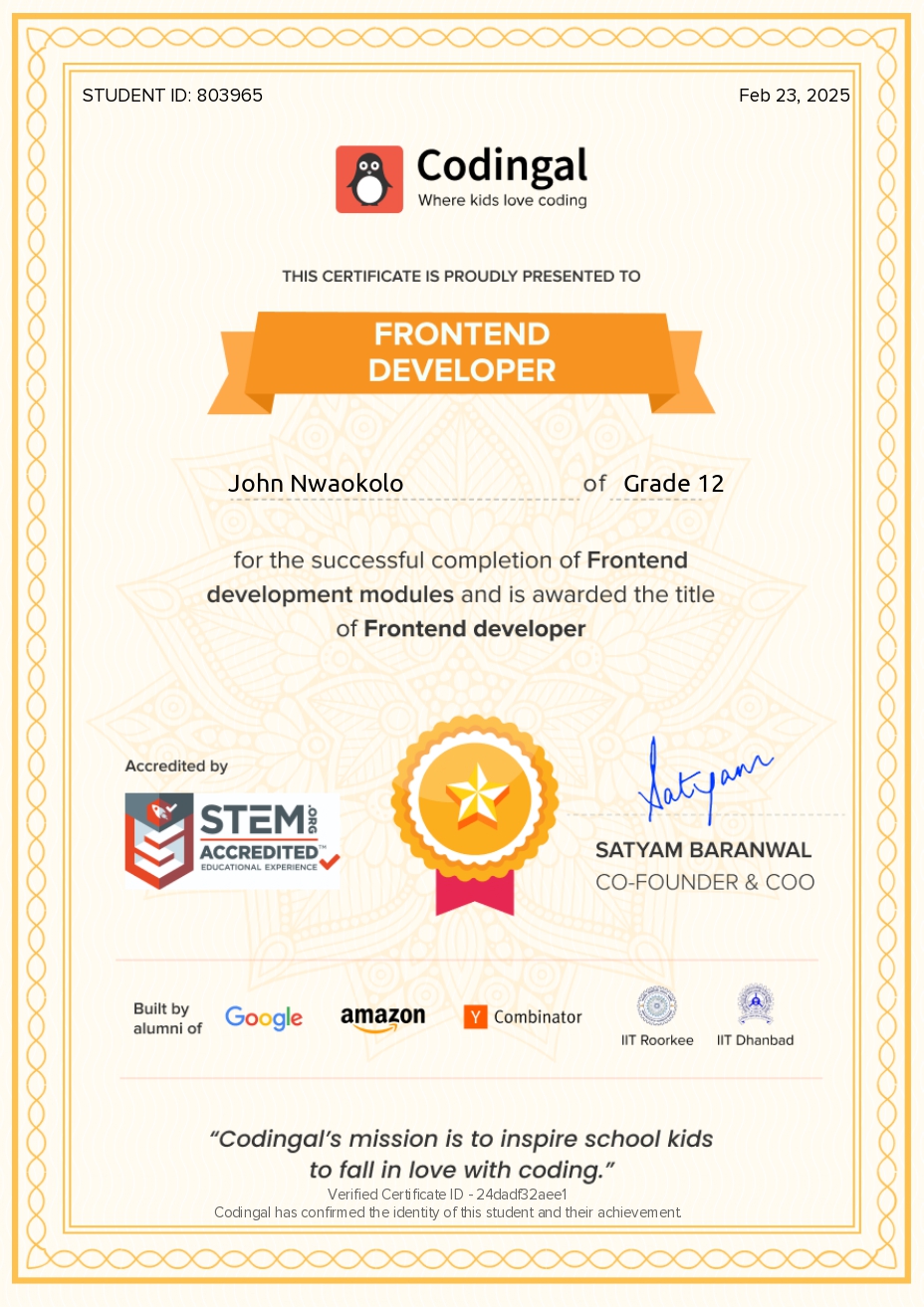 Frontend Developer certificate